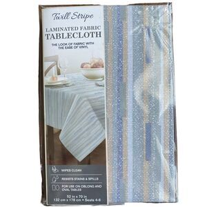 Twill Striped Laminated Fabric Dinner Table Tablecloth Round 70" Blue Tan New!